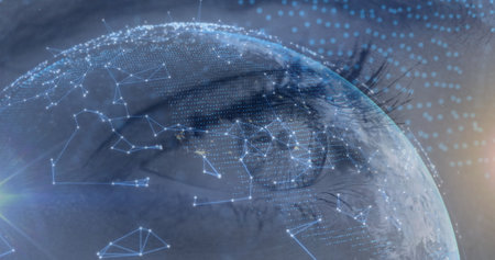 Network of connections and data processing against close up of female eye. cyber security and technology conceptの写真素材