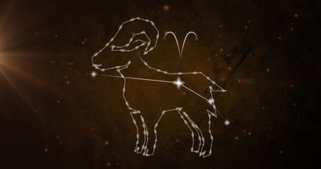 Image of aries star sign on black background. Astrology, horoscope and zodiac concept digitally generated image.の写真素材