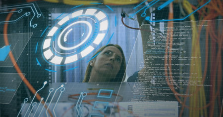 Image of data processing over caucasian it female engineer fixing cables of computer server. global connections, data processing and computing concept digitally generated image.の写真素材