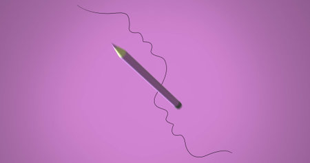 Image of pencil moving and black string on pink background. Education, school items and school concept, digitally generated image.の写真素材