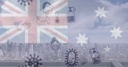 Image of corona virus icons and australia flag over cityscape. global health, medicine and economy concept during coronavirus covid 19 pandemic digitally generated image.の写真素材