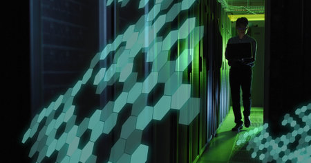 Image of shapes moving over asian male worker in server room. Global technology and digital...