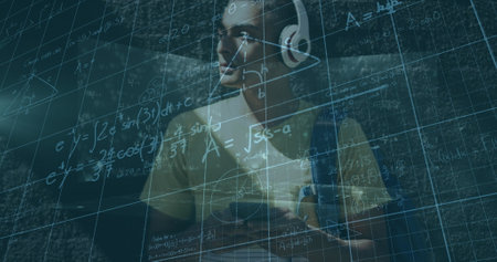 Image of data processing over biracial man using smartphone. Global business and digital interface concept digitally generated image.の写真素材