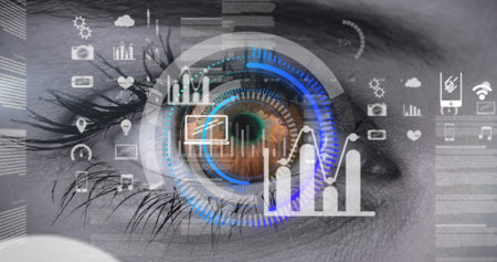 Image of digital icons and scope scanning over eye blinking. digital interface, connection and...
