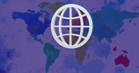 Image of white globe bouncing over world map. global connections and technology concept digitally generated image.の写真素材