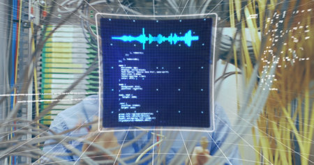 Image of data processing over caucasian male it engineer fixing cables of computer server. global connections, data processing and computing concept digitally generated image.の写真素材