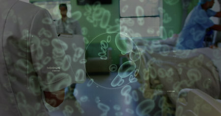 Image of purple virus cells over biracial female doctor. Health, medicine, biology, science and covid 19 pandemic concept digitally generated image.の写真素材
