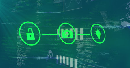 Image of connected register blue padlock icons and data processing on blue background. Global technology science and digital interface concept digitally generated image.の写真素材