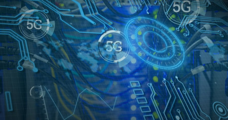 Image of data processing and 5g text over cables of computer server. global connections, data...
