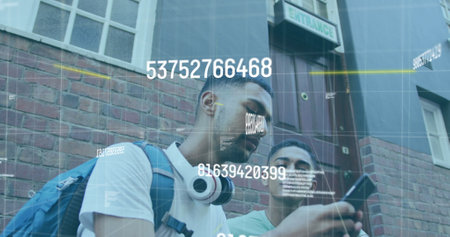 Image of data processing over biracial male friends using smartphone. Global business and digital...