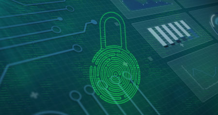 Image of padlock over data processing with motherboard and charts on dark interface. Global...
