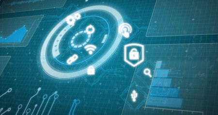 Image of multiple digital icons over interface with data processing against blue background. Computer interface and business technology conceptの写真素材