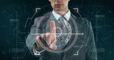 Image of scope scanning and biometric fingerprint with businessman touching interactive screen. digital interface, identity and technology concept digitally generated image.の写真素材