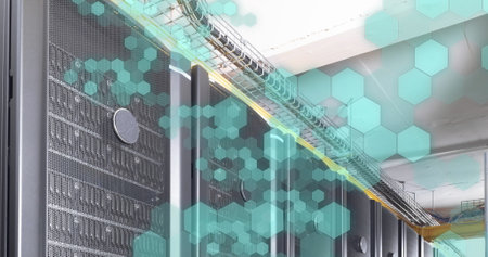 Image of shapes moving over server room. Global technology and digital interface concept digitally...