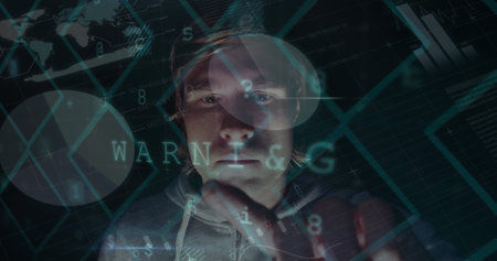 Image of online security warning text over hacker using interactive screen. online security cyber attack concept digitally generated image.の写真素材