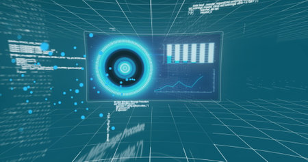 Image of padlock over charts and data processing. Global communication, business, data security and...