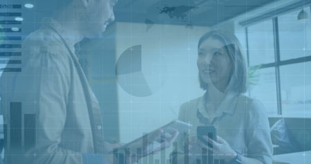 Image of financial data processing over diverse business people in office. Global finance, business,...