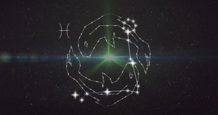 Image of pisces star sign on clouds of smoke in background. Astrology, horoscope and zodiac concept...