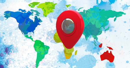 Image of red location pin bouncing over world map. global travel, connections and technology concept digitally generated image.の写真素材