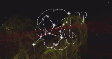 Image of virgo star sign on clouds of smoke in background. Astrology, horoscope and zodiac concept digitally generated image.の写真素材