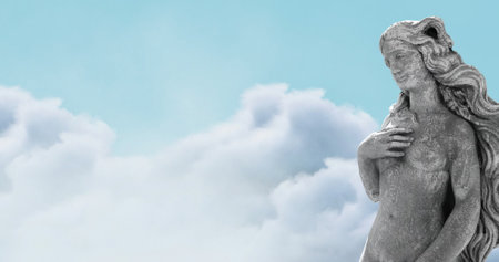 Image of gray sculpture of woman over blue sky and clouds, copy space. Abstract background, art and statuary concept, digitally generated image.の写真素材