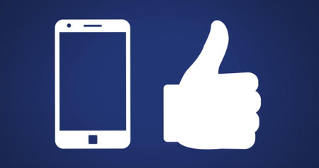 A white smartphone icon next to a thumbs-up symbol. Both icons are set against a solid blue...