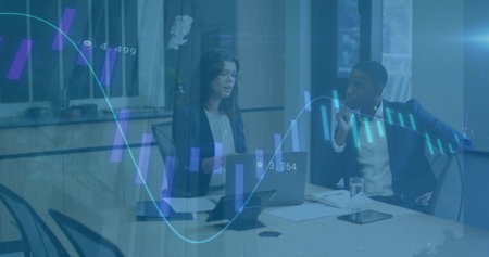 Image of financial data processing over diverse business people in office. Global business and...