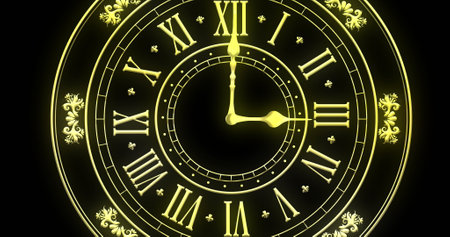 Image of clock showing midnight and fireworks exploding on black background. New year, new...