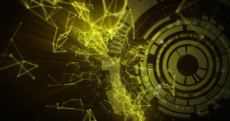 Image of network of connections over scope scanning on black background. Global science, computing and digital interface concept digitally generated image.の写真素材