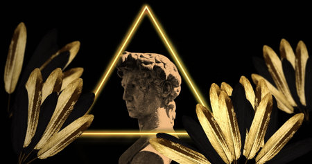 Image of gray sculpture of man over shapes and leaves. Abstract background, art and statuary concept, digitally generated image.の写真素材