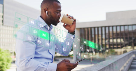 Image of data processing over african american businessman using smartphone and drinking coffee....