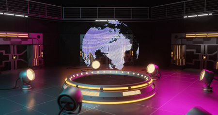 Image of spinning globe over cyber room. Abstract background, technology and social media concept,...