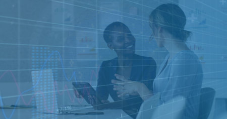 Image of financial data processing over diverse business people in office. Global business and...