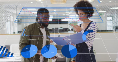 Image of data processing over diverse business people at office. Global business, computing and...