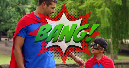 Image of the Bang! text written over cartoon retro speech bubble with father and son dressed as superheroes in park in the background. Vintage superhero comic concept digitally generated image.の写真素材