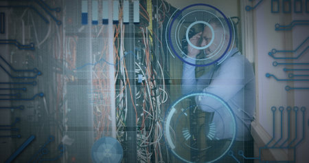 Image of text with globe and network of connections. Global digital interface technology and...
