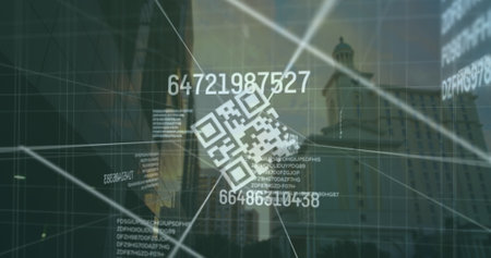 Image of qr code and numbers over cityscape. Network, data processing, digital security and...
