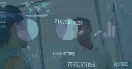 Image of financial data processing over office colleagues brainstorming. global finance and...