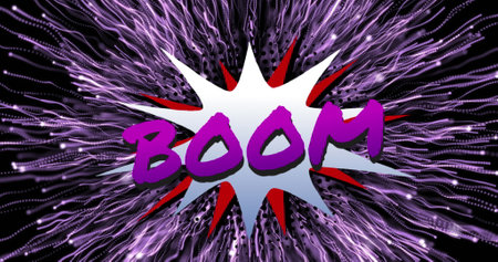 Image of retro boom purple text over star speech bubbles on black background. vintage colour and movement concept digitally generated image.の写真素材