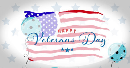 Composition of happy veterans day text and blue balloons, over stars and american flag. patriotism, independence, military and celebration concept digitally generated image.の写真素材