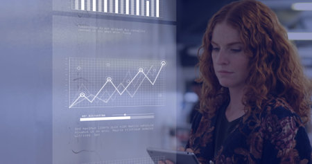 Image of financial data processing over caucasian businesswomen. global business, finances, data processing and digital interface concept digitally generated image.の写真素材