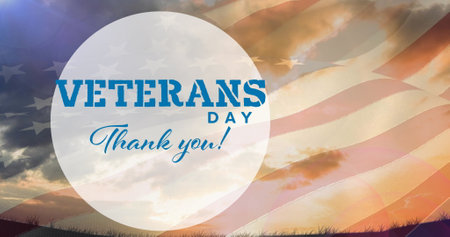 Composition of veterans day thank you text, over american flag and sunset sky. patriotism,...