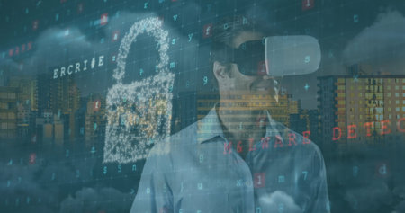 Image of cyber security, digital padlock and numbers over caucasian man in vr headset. Network, data...