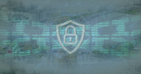 Image of digital padlock and block chain over cityscape. Data processing, network, digital security...