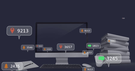 Computer screen displaying social media engagement icons and numbers. Floating colorful speech...
