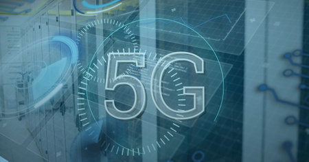 Image of 5g and processing circles over servers. network, communication, data processing and...