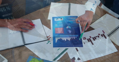 Image of data processing over diverse business people with documents. Global business and digital...