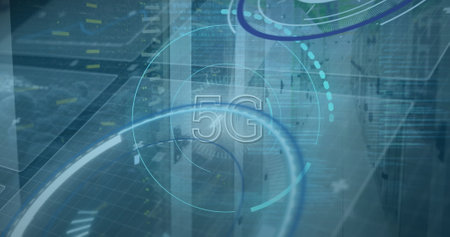 Image of 5g and processing circles over servers. network, communication, data processing and technology concept digitally generated image.の写真素材