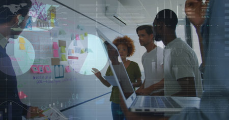 Image of data processing over diverse business people discussing work. Global business and digital interface concept digitally generated image.の写真素材