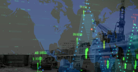 Image of crane at construction site, world map, financial data processing and statistics. global development, business, digital interface and data processing concept digitally generated image.の写真素材